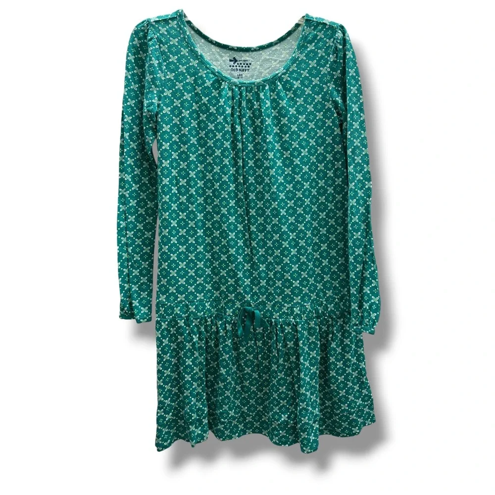 Old Navy Girls Teal Floral Drop Waist Dress Long Sleeve Cotton Modal L 10-12